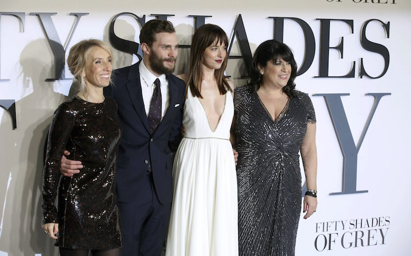 Director of the film Sam Taylor-Johnson, cast members Jamie Dornan, Dakota Johnson and author EL James arrive for the British premiere of the movie u00e2u20acu02dcFifty Shades of Greyu00e2u20acu2122 in London February 12, 2015. u00e2u20acu201d Reuters pic