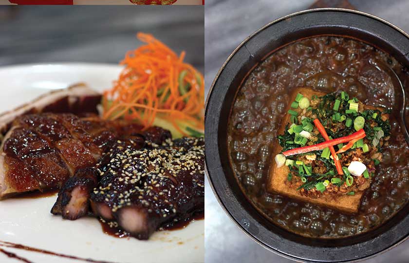 You Kee XO’s famous roast meats – Crystal Char Siew (front), XO Roast Duck (middle), and siew yoke (back) (left). Volcanic Tofu, a slab of tofu sizzling away in a claypot, surrounded by savoury gravy (right).