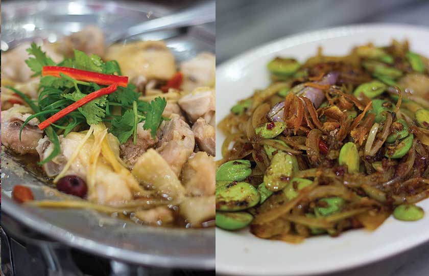 Fresh kampong chicken, steamed in essence of chicken (left). Spicy Petai with Eggplant is another You Kee XO house specialty (right).