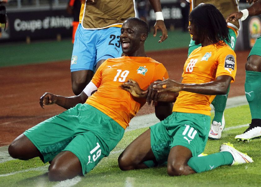 Ivory Coastu00e2u20acu2122s Yaya Toure (L) celebrates his goal with teammate Kouassi Gervais 2015 Africa Cup of Nations semi-final against Democratic Republic of Congo in Bata, February 4, 2015. REUTERS/Amr Abdallah Dalsh