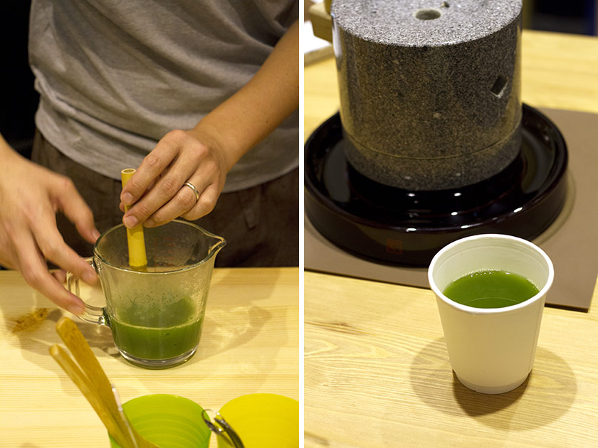 Whisking the matcha brew with a chasen tea whisk (left). From grinder to a freshly-brewed cup of matcha (right).