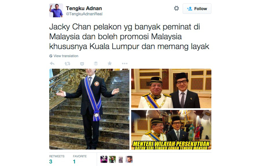 A screenshot of Minister Datuk Seri Tengku Adnan Mansor's tweet that said that Hong Kong actor Jackie Chan is deserving of the datukship as he has many fans in Malaysia and can help promote the country.