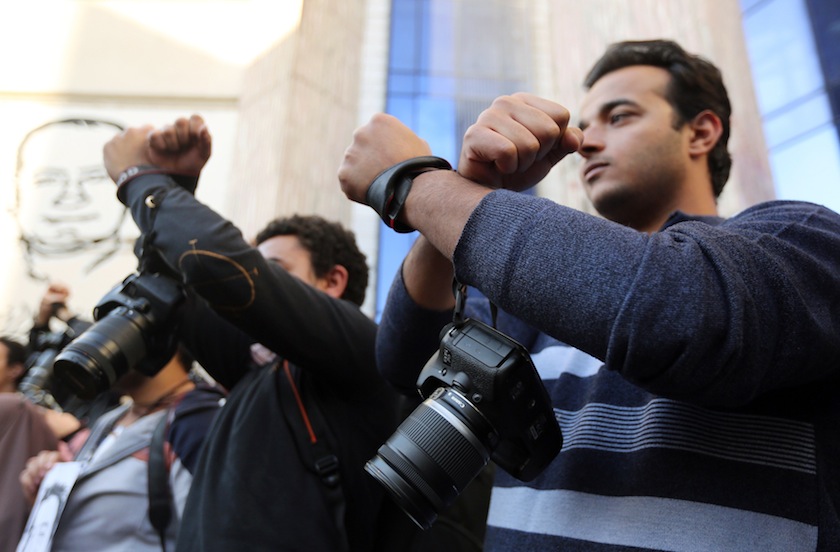 News photographers and journalists protest against the detention of photojournalist Abou Zeid, also known as 'Shawkan', in front of the Press Syndicate in Cairo February 8, 2015.u00c2u00a0u00e2u20acu201du00c2u00a0Reuters pic