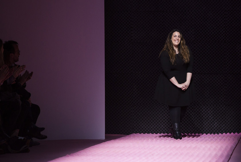 Greek designer Mary Katrantzou greets the audience after displaying her collection at London Fashion Week on February 22, 2015. u00e2u20acu201d AFP pic