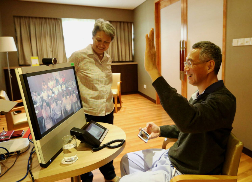 Singapore Prime Minister Lee Hsien Loong engaged some cabinet ministers in a video conference after his surgery in Singapore, on February 17, 2015. u00e2u20acu201d TODAY pic