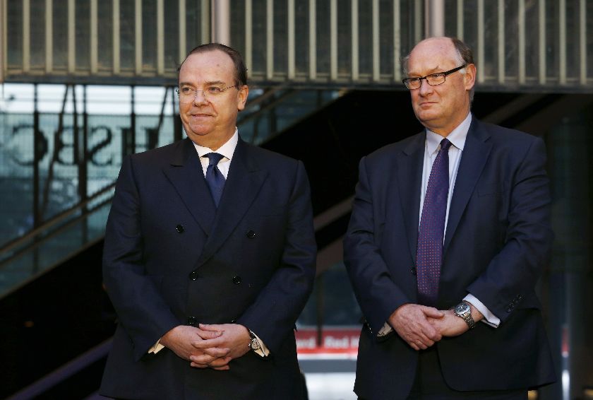 HSBC Group chief executive Stuart Gulliver (left) and group chairman Douglas Flint at a reopening ceremony of a building plaza at HSBCu00e2u20acu2122s headquarters in Hong Kong January 29, 2015. u00e2u20acu201d Reuters pic