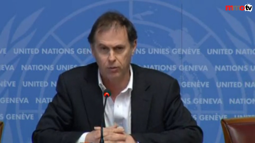 United Nations Office of the High Commissioner for Human Rights (OHCHR) spokesman Rupert Colville, shown in this screenshot from the Reuters video, said more must be done to eradicate racism from football.