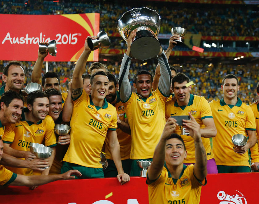 Australiau00e2u20acu2122s Massimo Luongo (front) takes a 'selfie' photograph with his team mates as they celebrate winning the Asian Cup after beating South Korea at the Stadium Australia, Sydney, January 31, 2015. u00e2u20acu201dReuters pic