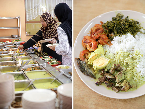 Pick what you like from the counter (left). A selection of duck egg, salted fish, rendang pegaga, daging salai and sambal prawns for lunch (right).