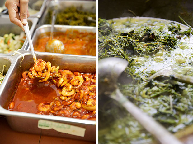 Sambal prawns is a delicious choice here (left). Cooking the rendang pegaga, a traditional Negeri Sembilan Malay dish only found here in Kuala Lumpur (right).