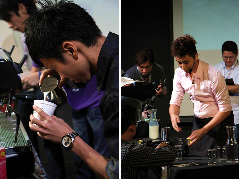 Jason Loo, this year’s Malaysia Barista Champion, foaming milk for his cappuccino (left). Preparing the cups of coffee for the judges within the 15-minute time limit (right).