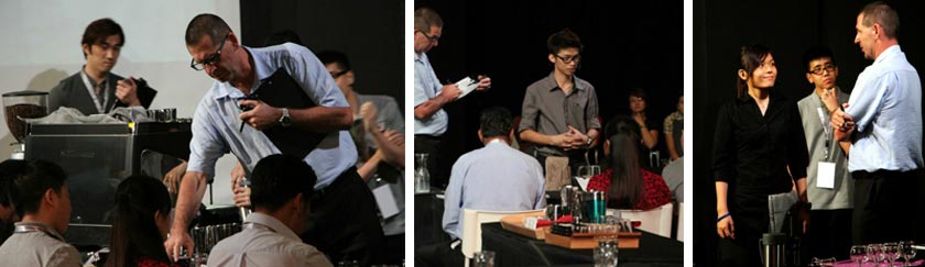 From left: The head judge may taste the coffee after the sensory judges have tried their cups. Talking to the judges and explaining your coffee can be a nerve-wracking experience. Getting feedback from the head judge is always helpful.