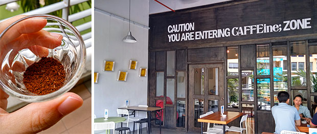 Curious about the grind size. Here is a shot glass filled with hand ground beans at CAFFEine; (left). Chill out, do some work on a laptop or have a meeting here – the possibilities are endless (right).