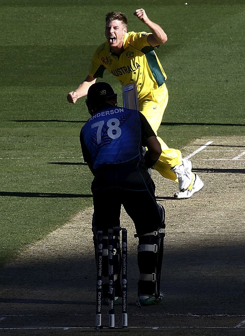 James Faulkner (top) bowls New Zealand’s Corey Anderson for a duck 