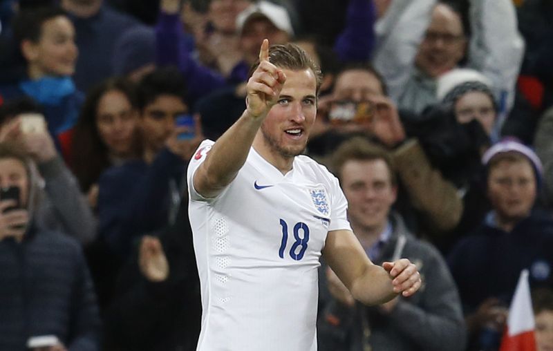 Harry Kane celebrates after scoring Englandu00e2u20acu2122s fourth goal against Lithaunia. u00e2u20acu2022 Reuters pic