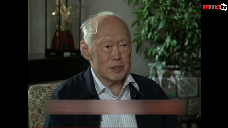 This Reuters video screenshot shows former Singapore prime minister Lee Kuan Yew speaking to a CCTV anchor about Singapore's political model.