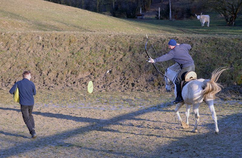 A modern warrior and philosopher Master Lajos Kassai, the constitutor of the new age horseback archery in Hungary, prepares his archery shot at the u00e2u20acu02dcValleyu00e2u20acu2122, in Kaposmero village, south Hungary on March 7, 2015. AFP-Relaxnews supplied 