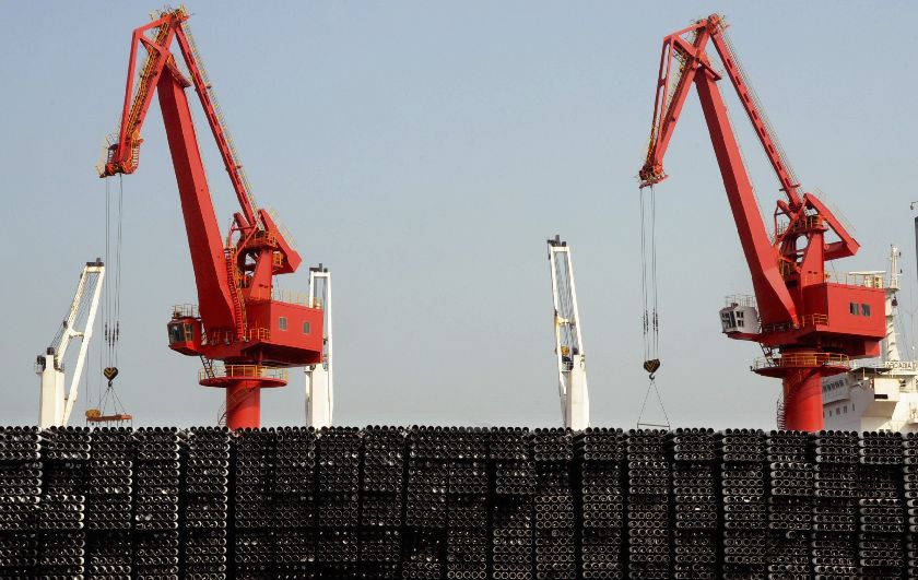 Piles of steel pipes to be exported, at a port in Lianyungang, Jiangsu province, March 7, 2015. Chinau00e2u20acu2122s exports jumped 48.3 per cent in February from a year earlier, while imports fell 20.5 per cent, producing a trade deficit of US$60.6 billion for the 