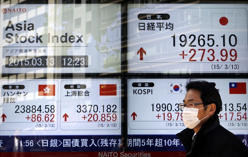A pedestrian walks past an electronic board showing the stock market indices of various Asian countries including Japanu00e2u20acu2122s Nikkei Average (top right) outside a brokerage in Tokyo, March 13, 2015. u00e2u20acu201d Reuters pic