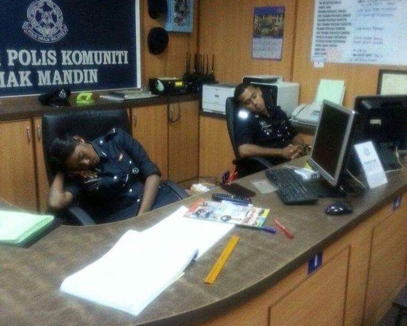 The picture of the two police personnel sleeping soundly at the reception counter of the beat base made its rounds on social media, attracting criticism and calls for the duo to be investigated. u00e2u20acu2022 File pic