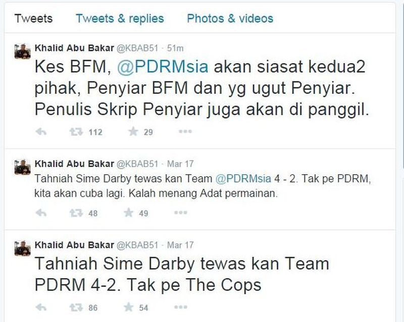 A screenshot of Inspector-General of Police (IGP) Tan Sri Khalid Abu Bakaru00e2u20acu2122s Twitter announcement. 
