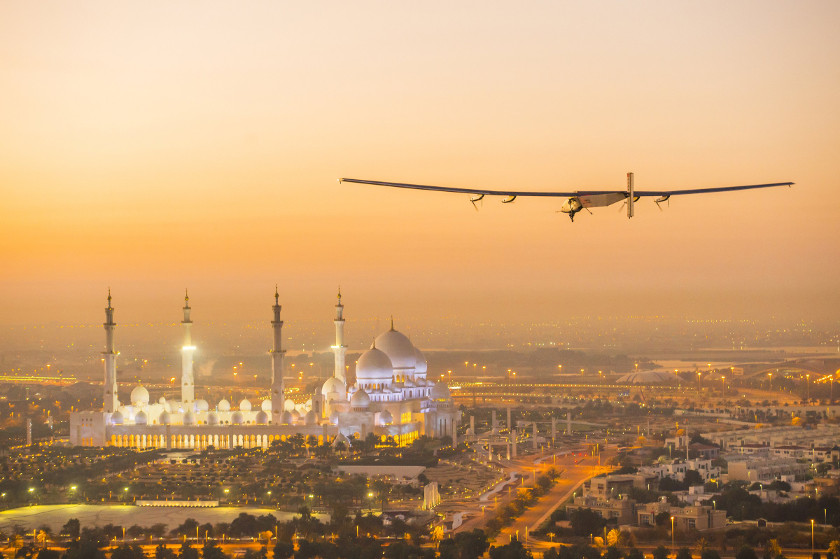 The Solar Impulse 2, a solar-powered plane, flies over the Sheikh Zayed Grand Mosque in Abu Dhabi during preparations for next month's round-the-world flight, February 26, 2015. u00e2u20acu201d Reuters pic