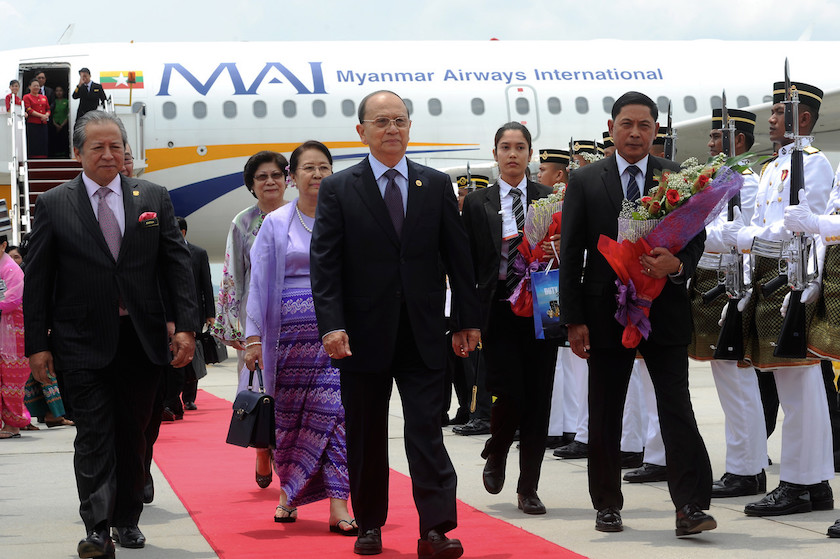 Myanmar President Thein Sein inspects the Guard of Honour accompanied by Foreign Minister Datuk Seri Anifah Aman after arriving for his two-day state visit to Malaysia in Sepang March 12, 2015. u00e2u20acu201d Bernama pic