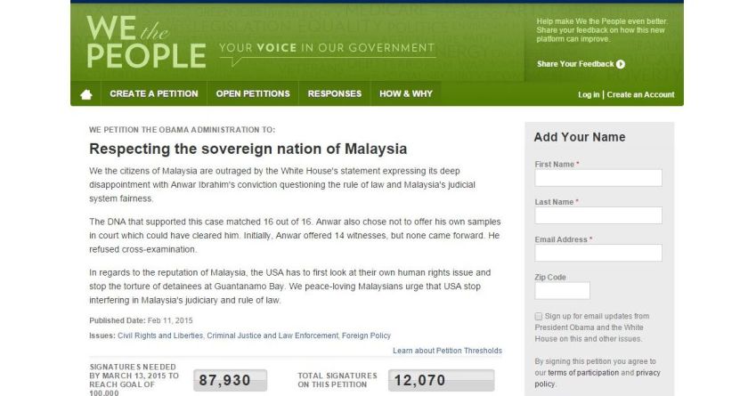 A screenshot of Datuk Seri Anwar Ibrahimu00e2u20acu2122s counter-petition which was removed, then restored with  just 12,070 signatures as at 9am this morning.
