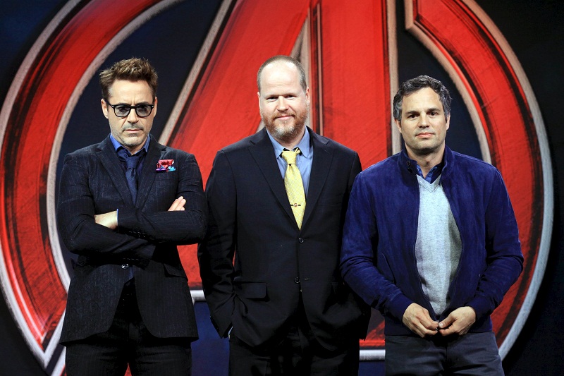 Director Joss Whedon poses with cast members Robert Downey Jr. (left) and Mark Ruffalo (right) at a news conference for 'Avengers: Age of Ultron' in Beijing, April 19, 2015. u00e2u20acu201d Reuters pic