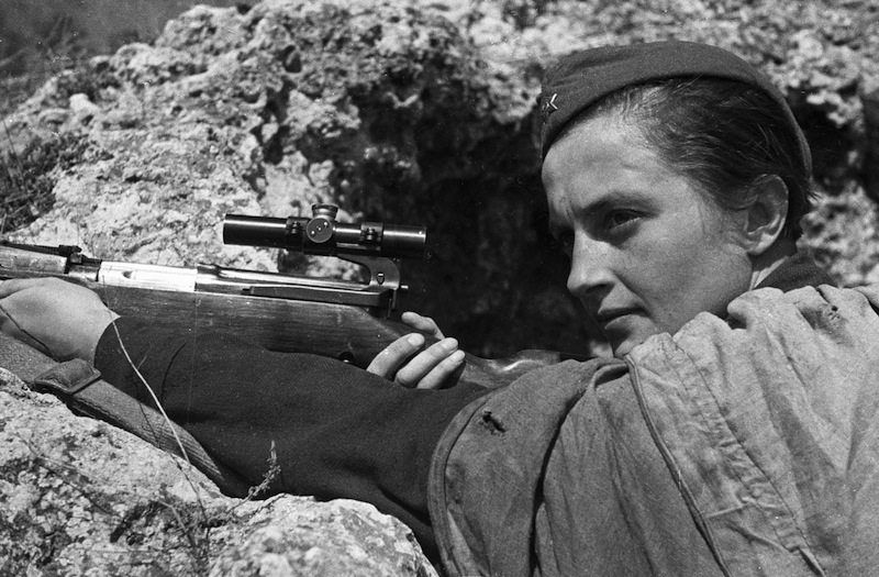 A file picture taken on June 6, 1942 shows Red Army Soviet sniper Lyudmila Pavlichenko holding a rifle as she defends Sevastopol from the Nazis.