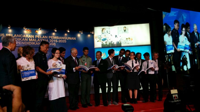 Najib and Muhyiddin (middle) attend launch of the Malaysian Higher Education Blueprint at the Royale Chulan Hotel, Kuala Lumpur, April 7, 2015. u00e2u20acu201d Picture by Mayuri Mei Lin