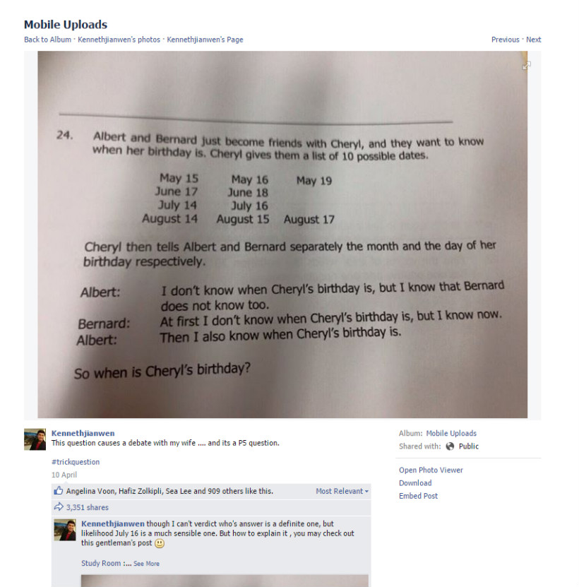 Screenshot of math question, uploaded by Singapore TV presenter Kenneth Kong