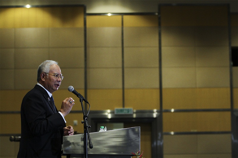 Prime Minister Datuk Seri Najib Razak delivers his speech during the launch of Malaysian Government Pensioners Foundation at Putrajaya, April 13, 2015. u00e2u20acu201d Picture by Yusof Mat Isa 