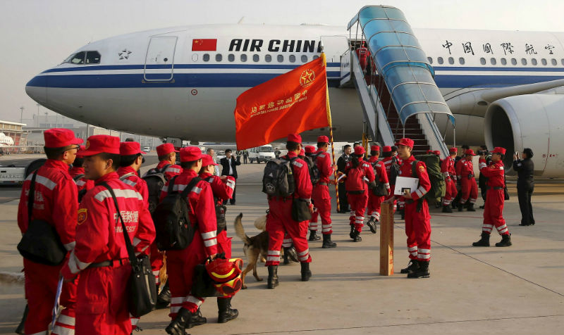 Taiwan has reported that Nepal rejected its offer of a 20-man rescue team. File picture shows members of Chinese International Search and Rescue Team and their rescue dogs boarding a charted plane to Kathmandu, at Beijing Airport. u00e2u20acu201d Reuters pic