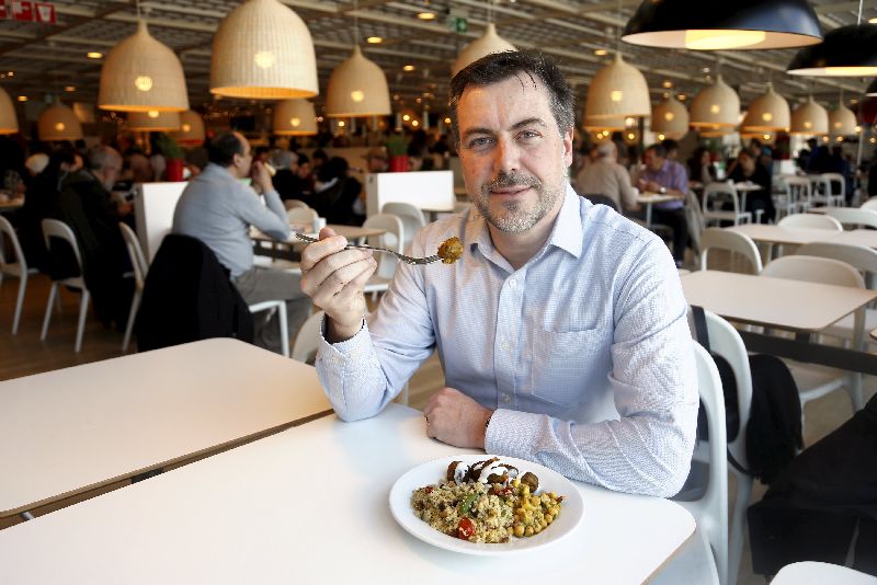 Michael La Cour, IKEA Food Business managing director, poses with the new u00e2u20acu02dcVeggie ballsu00e2u20acu2122 course or vegetarian balls during its official launch at an IKEA store in Brussels April 8, 2015. REUTERS/Francois Lenoir 