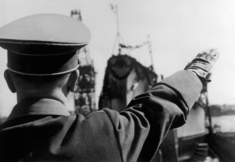 A picture dated 1939 shows German Nazi Chancellor and dictator Adolf Hitler giving the Nazi salute to a warship. u00e2u20acu201d AFP pic
