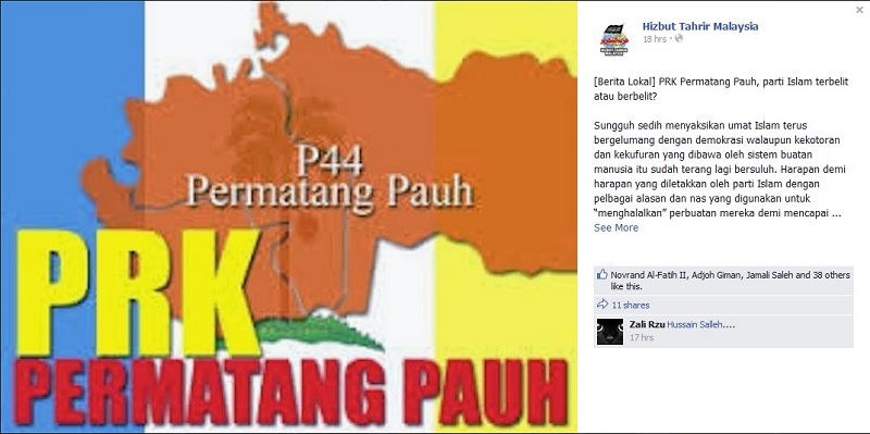 A screengrab of the Hizbut Tahrir Malaysiau00e2u20acu2122s Facebook page that shows a posting in which they claim democracy has trapped Islamists in a bind with u00e2u20acu02dcinfidelsu00e2u20acu2122 and secular parties, leading them to abandon their original goals.