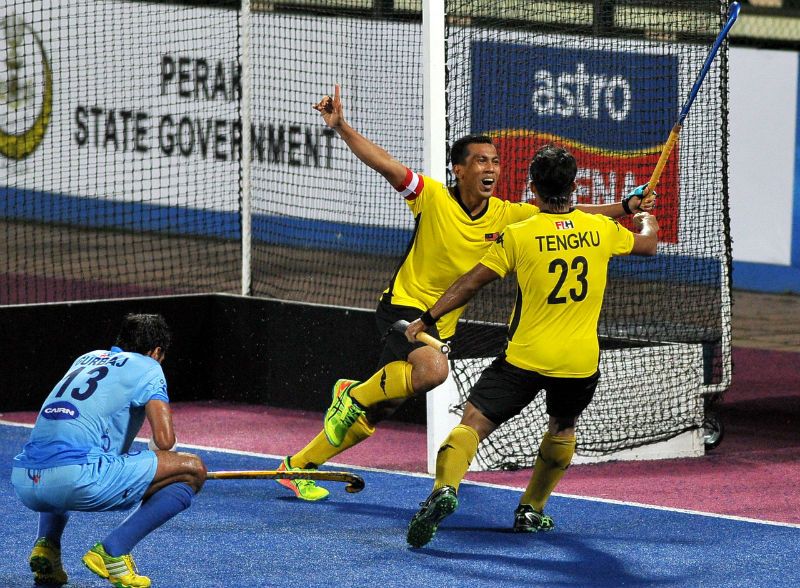 Shahrun Nabil Abdullah of Malaysia scoring the winning goal in their match against India on the third day of the 24th Sultan Azlan Shah Cup Hockey tournament on April 8, 2015. u00e2u20acu201d Bernama pic