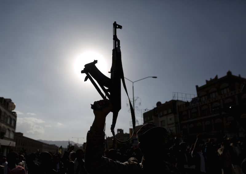 A follower of the Houthi group holds up his rifle as he demonstrates against the Saudi-led air strikes on Yemen, in Sanaa April 1, 2015. u00e2u20acu201d Reuters pic