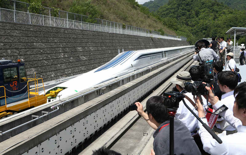 The maglev (magnetic levitation) train is displayed on an experimental track in Tsuru, in Yamanashi prefecture, 100km west of Tokyo, on June 3, 2013. u00e2u20acu201d AFP pic n