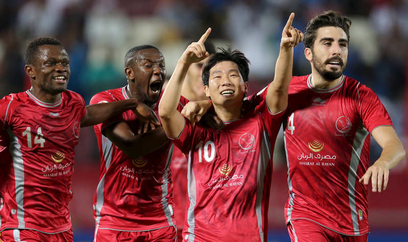 Qatar's Lekhwiya player Nam Tae Hee (second right) celebrates with teammates after scoring against Iran's Persepolis in their AFC Champions League match in Doha April 22, 2015. u00e2u20acu201d Reuters pic