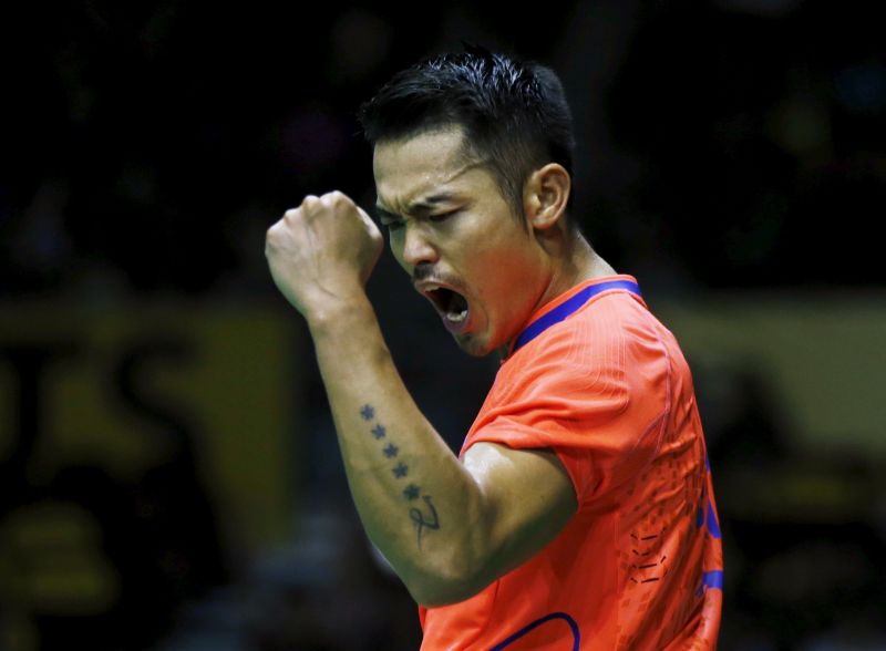 China's Lin Dan celebrates winning match point against Denmark's Jan Jorgensen during the men's singles semi-finals match at the 2015 Malaysia Open Badminton Superseries in Kuala Lumpur, April 4, 2015. u00e2u20acu2022 Reuters pic