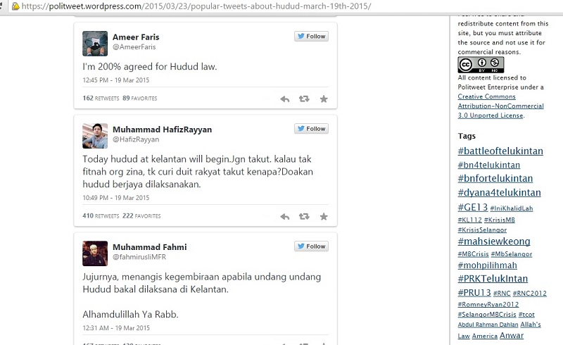 A screengrab from the Politweet website showing some of the tweets collated for the hudud study.
