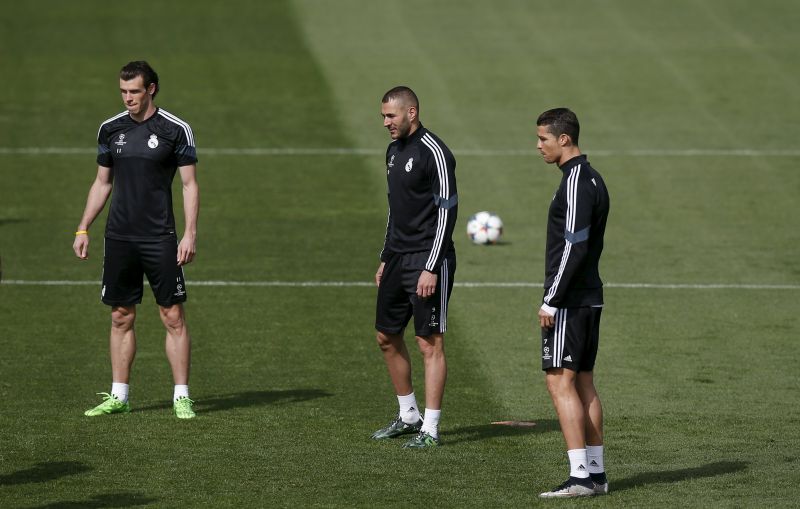 (From left) Real Madrid's Gareth Bale, Karim Benzema and Cristiano Ronaldo attend a training session at Valdebebas sports grounds in Madrid, April 13, 2015. u00e2u20acu2022 Reuters pic