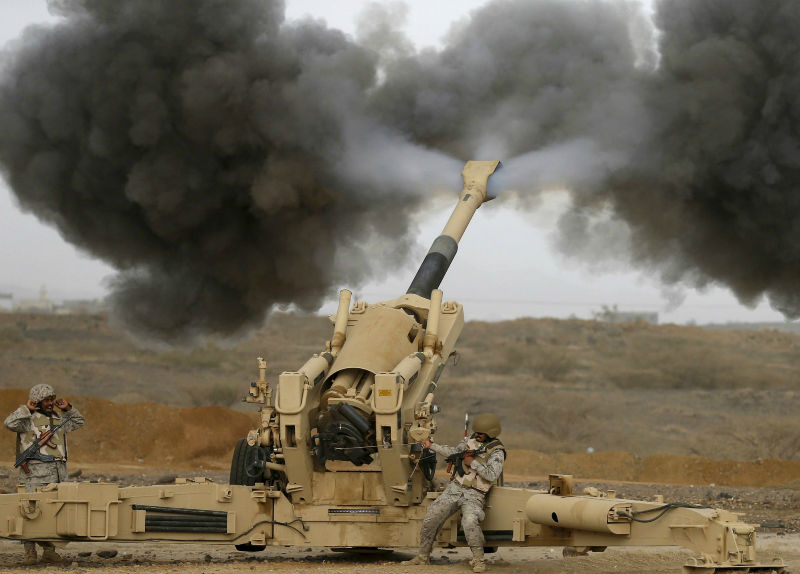 A Saudi artillery unit fires shells towards Houthi positions from the Saudi border with Yemen April 13, 2015. u00e2u20acu201d Reuters pic