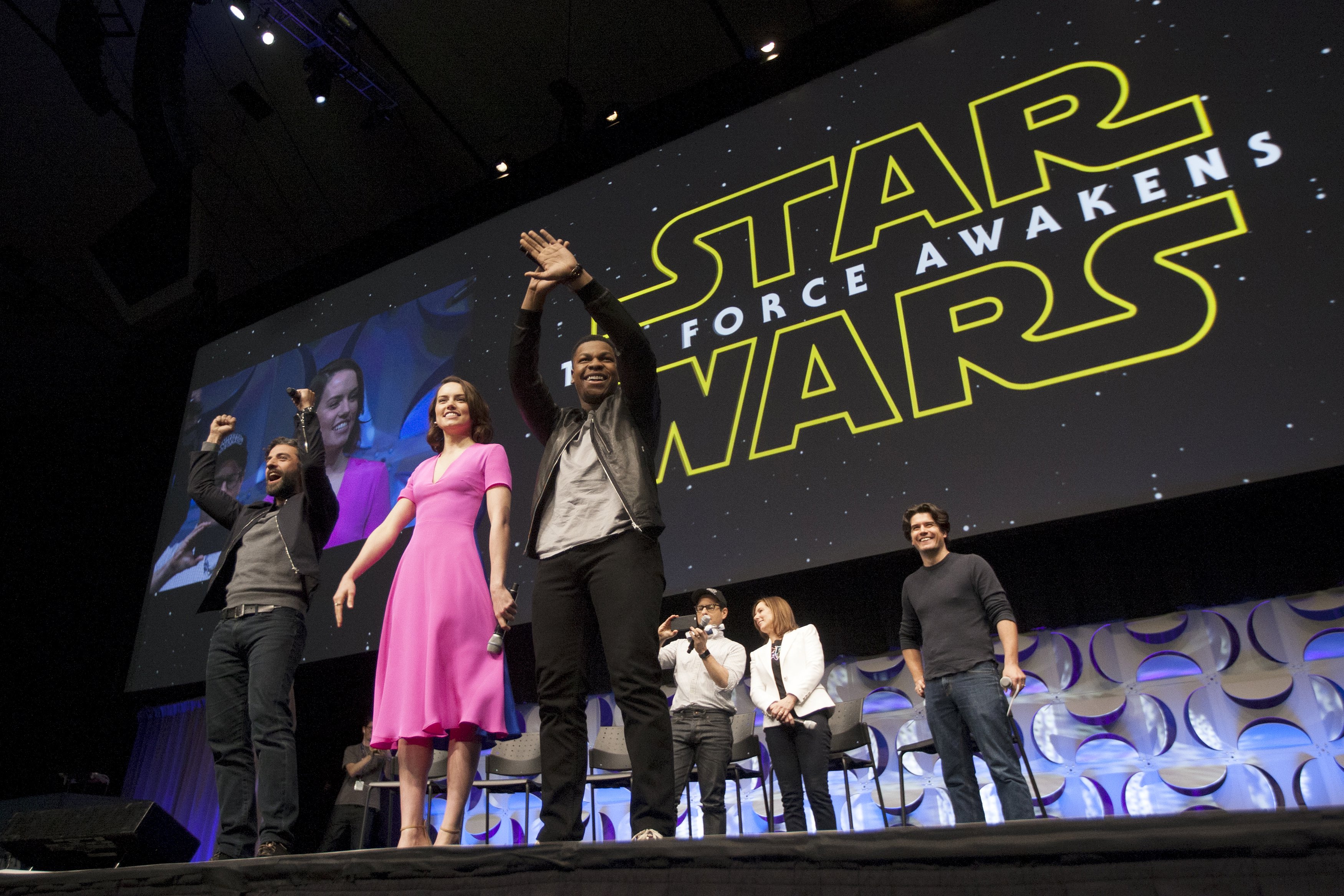‘Star Wars: The Force Awakens’ cast members Oscar Isaac, Daisy Ridley, John Boyega, writer, director and producer JJ Abrams and producer Kathleen Kennedy appear at the ‘Star Wars Celebration’ event in Anaheim, California, April 17, 2015. — Reuters pic