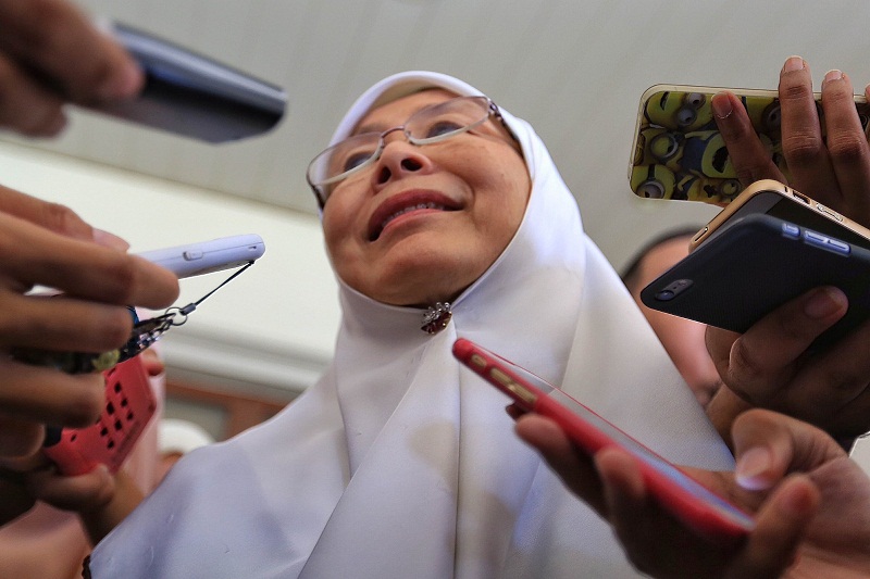PKR President Datuk Seri Dr Wan Azizah Wan Ismail speaks to reporters outside the high court in Kuala Lumpur, May 15, 2015. u00e2u20acu201d Picture by Saw Siow Feng
