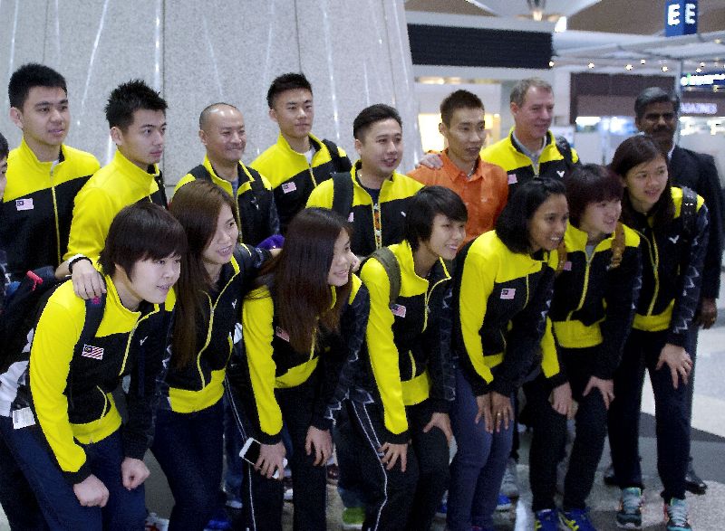 National badminton champion Datuk Lee Chong Wei (back, third from right) with the national team in Kuala Lumpur International Airport May 6, 2015, before they left for Dongguan, China, for the Sudirman Cup tournament. Bernama