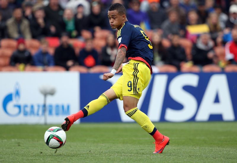 Colombiau00e2u20acu2122s Joao Rodriguez scores, FIFA Under-20 World Cup football v Qatar, Hamilton, May 31, 2015.  AFP PHOTO / Michael Bradley