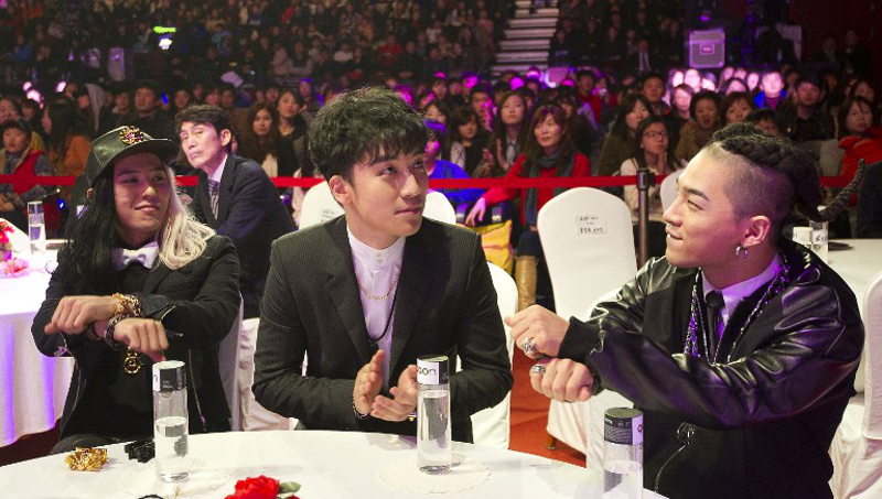 Members of South Korean boy band Bigbang (from left) G-Dragon, Seungri and Taeyang attend 2nd Gaon Chart K-Pop Awards held in Seoul on February 13, 2013. u00e2u20acu201d AFP pic